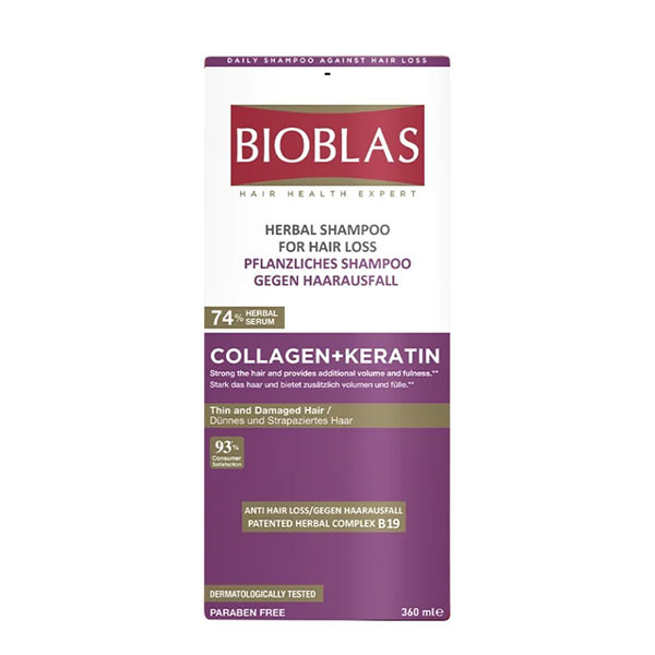 شامپو ضد ریزش بیوبلاس مدل COLLAGEN + KERATIN مناسب موهای نازک وآسیب دیده
